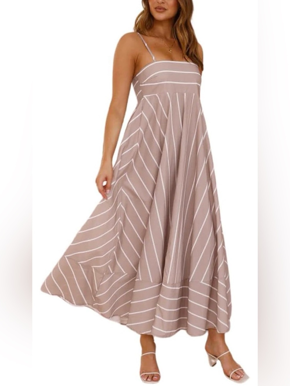 Spaghetti Strap Taupe Stripe Maxi Dress